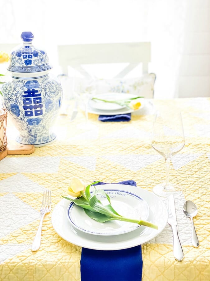 A beautiful yelow and blue themed table for Mother's Day brunch!