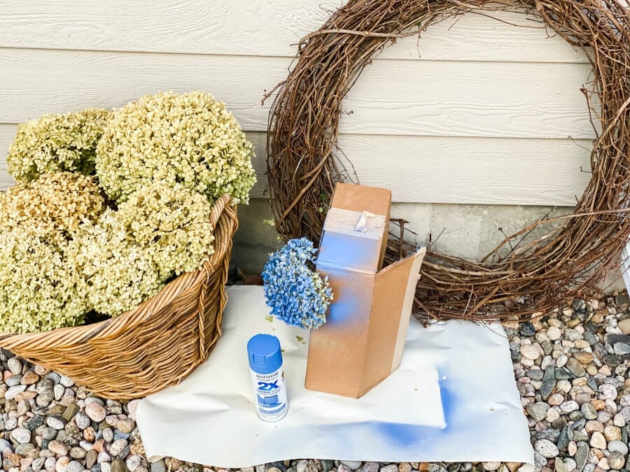 All the supplies you need to creat your very own DIY blue hydrangea wreath in just minutes!