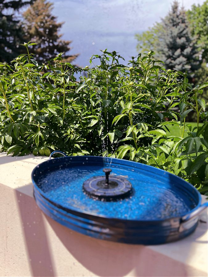 Solar fountain in blue metal tray