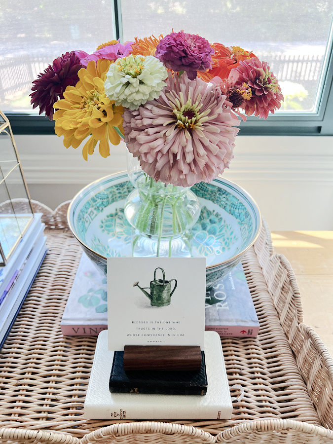 Vase of beautiful zinnia blooms