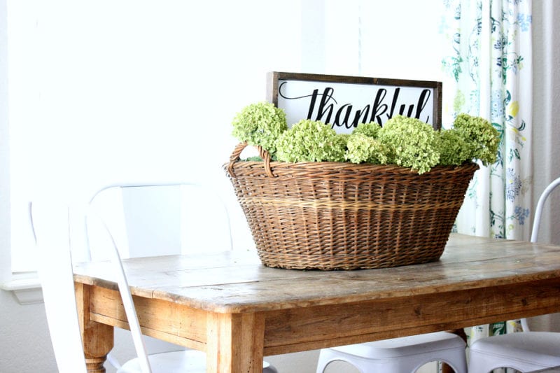 Basket full of dried hydrangeas and thankful fall sign.