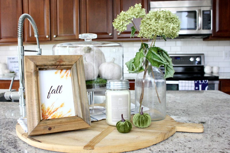 Fall kitchen vignette with free Fall printable on display.