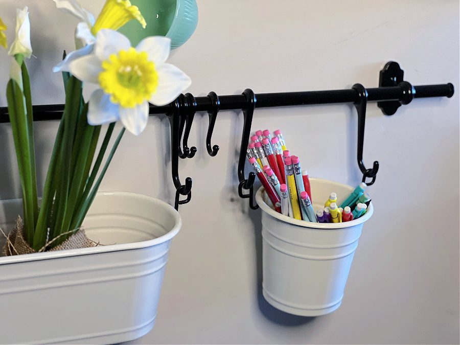 daffodil and bucket of pencils on wall.