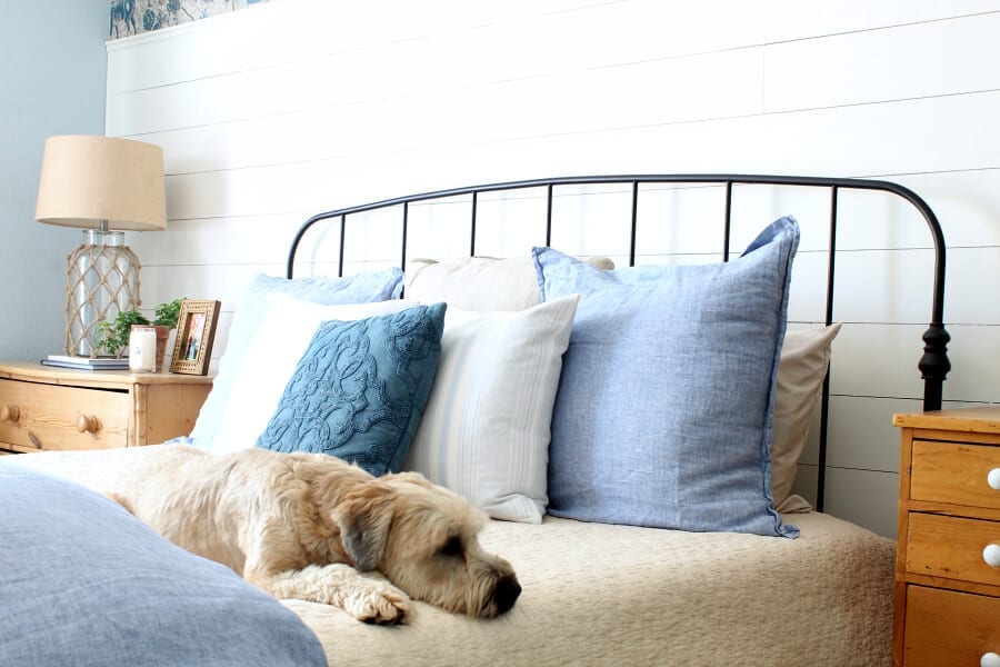 Our bedding is pet friendly and hides the dirt while still achieving that coastal cottage style!