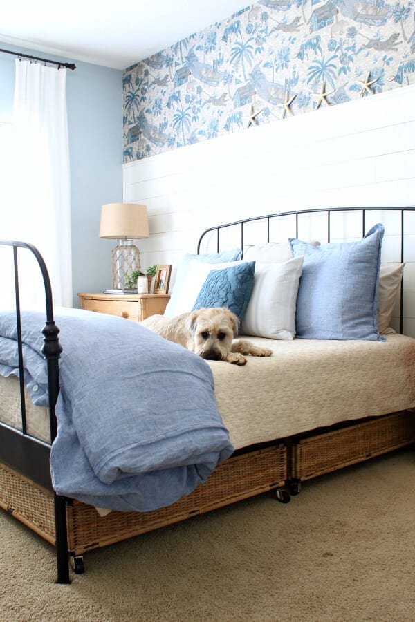 Our coastal cottage master bedroom is a mixture of cozy and casual...even Kona loves it!