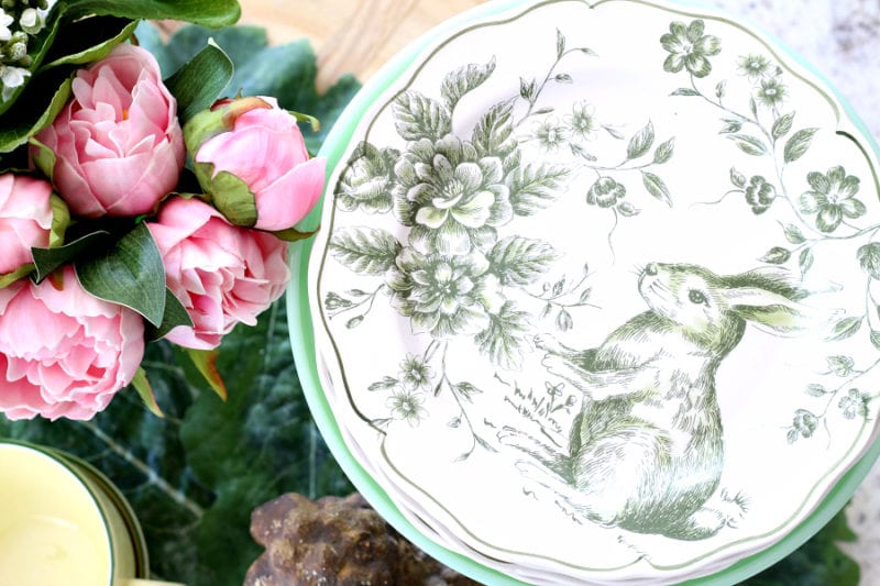 Bunny plates, peonies and pops of yellow for a Spring vignette.