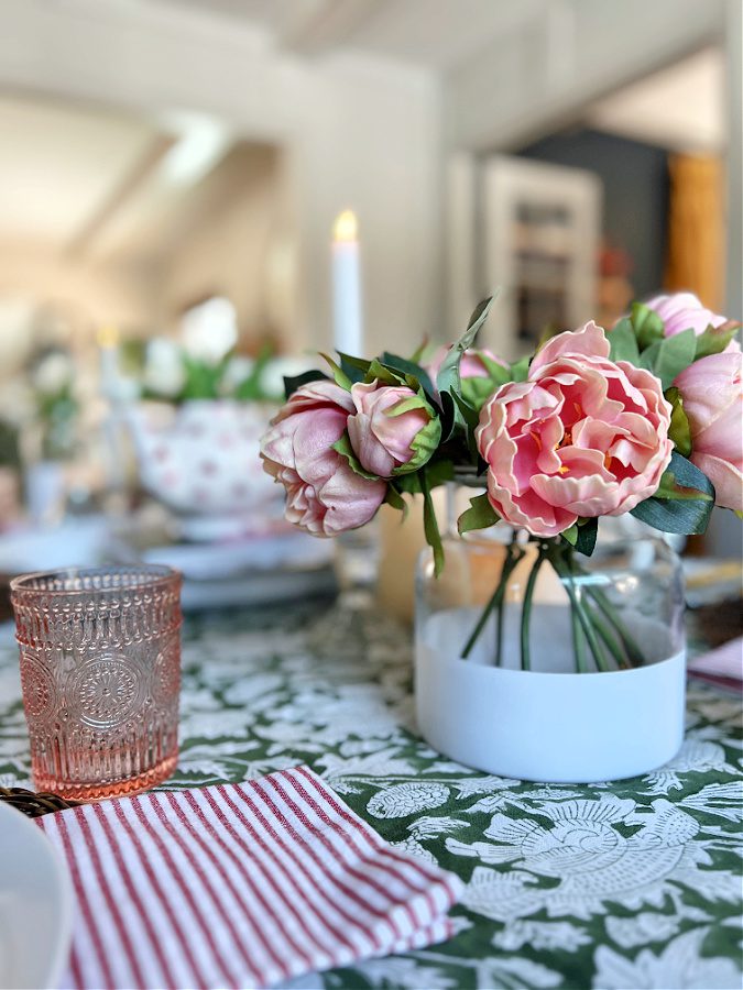 Colorful Valentine's Day Table Decor Ideas- faux pink peonies