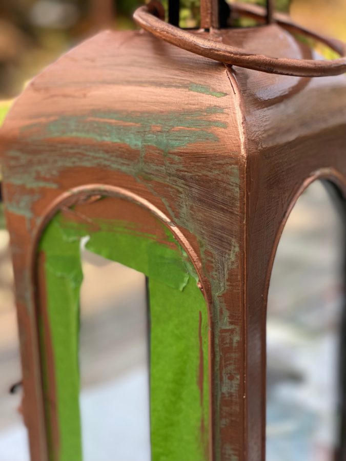 the copper patina starting to show through on my freshly painted lantern.