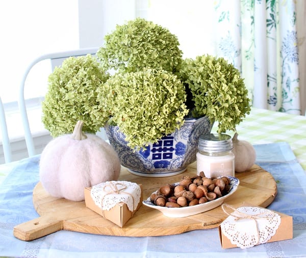 Dried hydrangea centerpiece for easy Fall kitchen decor.