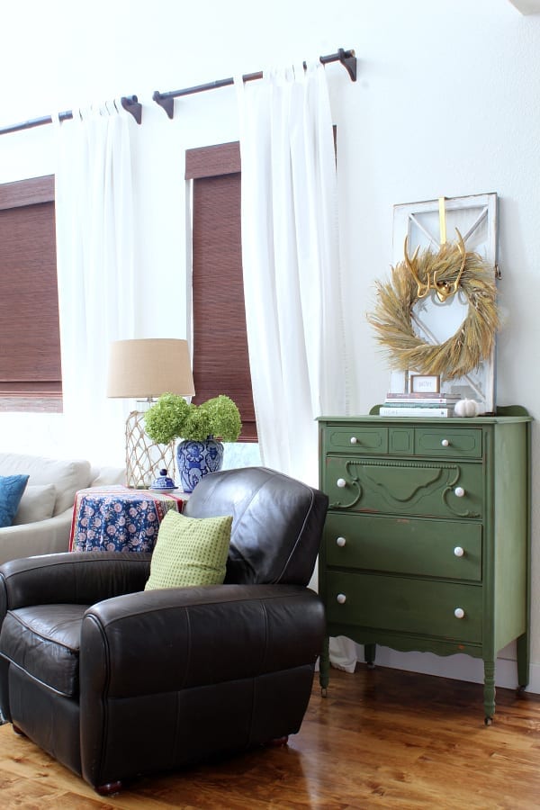 A cozy and collected Fall family room tour featuring my favorite Boxwood green dresser.