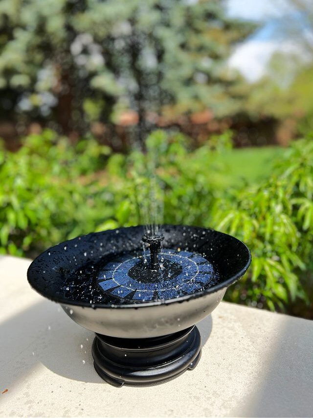 solar fountain in a black pedestal bowl