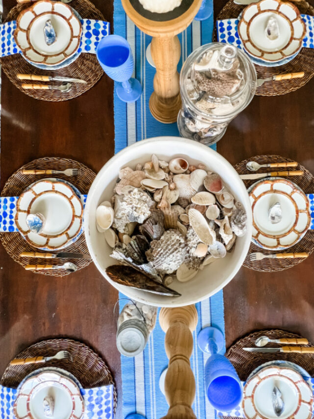 Overhead view of casual coastal tablescape