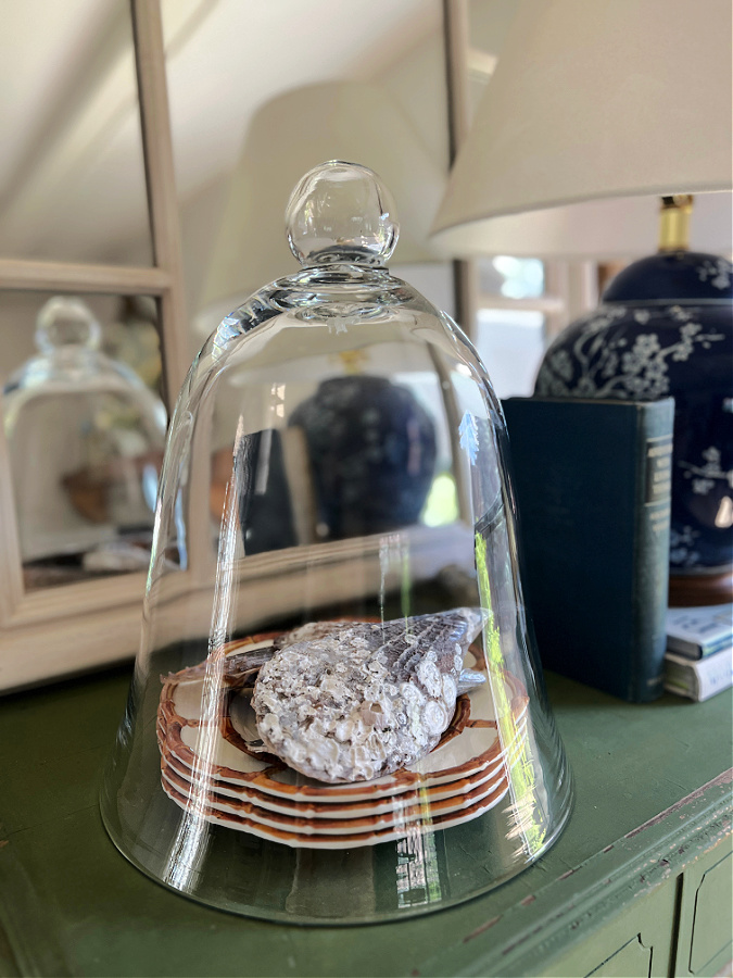 coastal inspired glass cloche for decor on dresser top