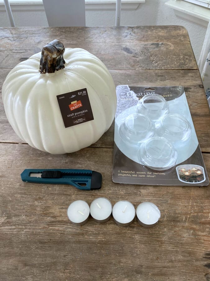 All the supplies you need for this gorgeous diy faux pumpkin with floating votives! 