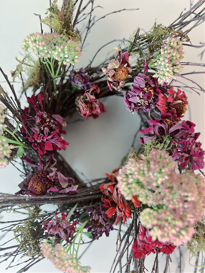 Dried zinnia wreath close up