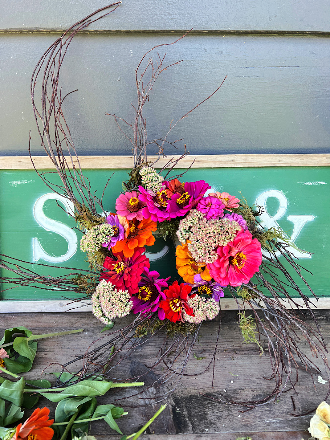 Final look at zinnia wreath before it dries