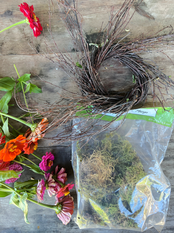 Materials needed for a dried zinnia wreath