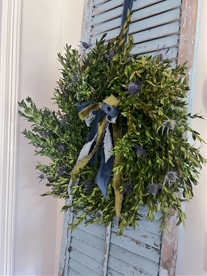 Bare Boxwood Wreath perfect for transitional decor after Christmas focusing on winter
