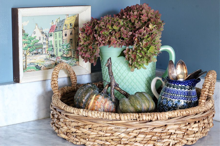 basket tray in kitchen for storage and decor