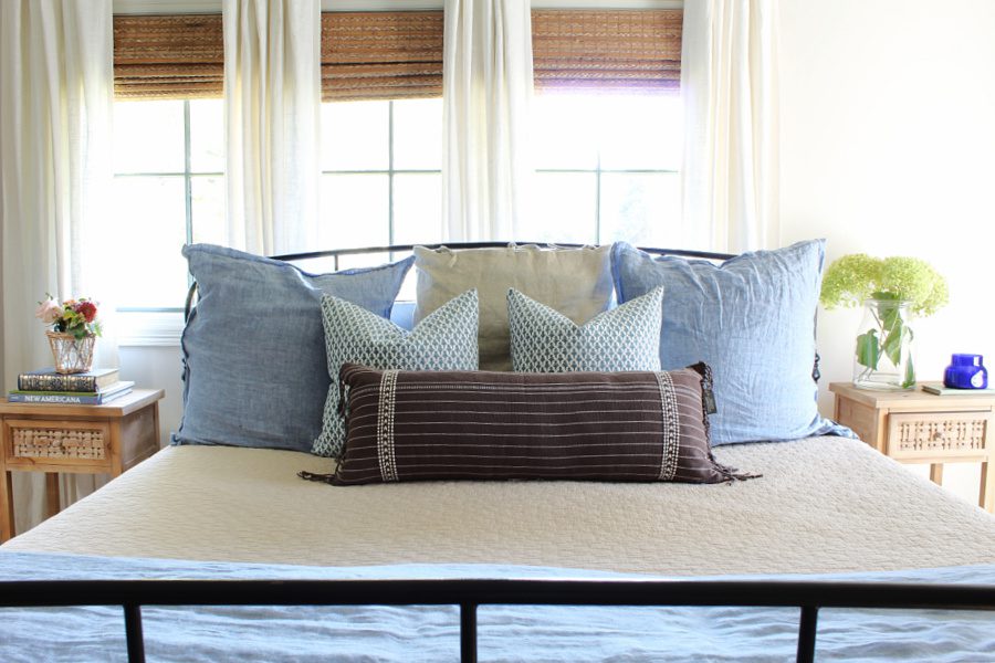 blue and brown pillows in our Fall bedroom.