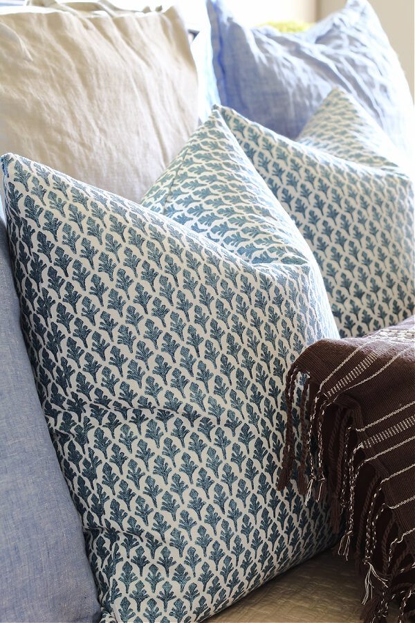 Blue and white patterned pillows from Linen and Oak.