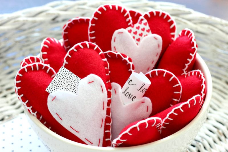 red felt hearts in bowl