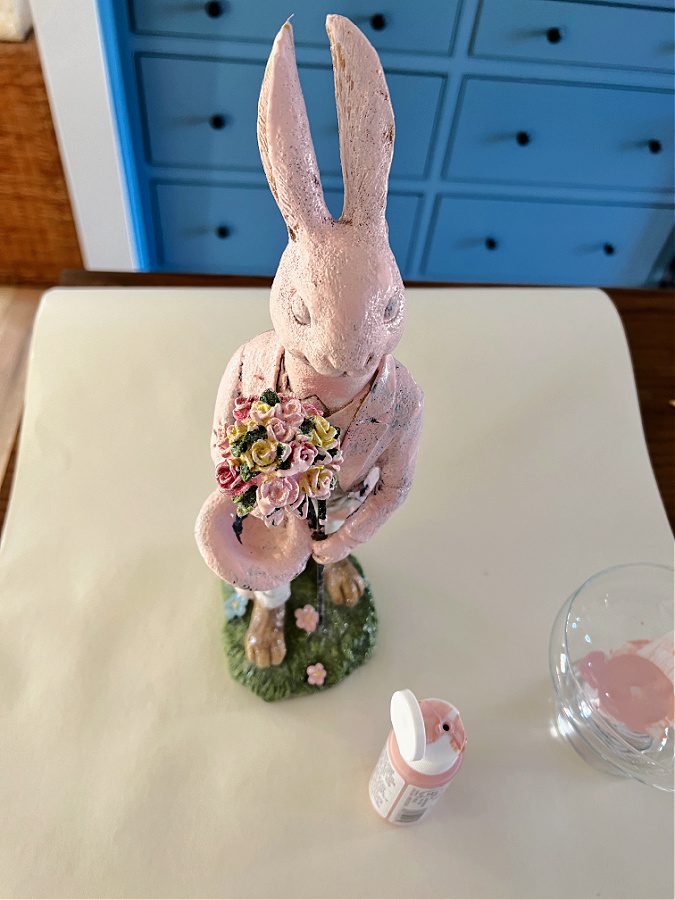 One coat of pink paint on the Easter bunny figurine