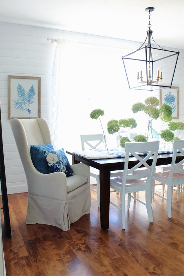 Blues, greens and dried hydrangeas make the perfect Spring centerpiece.