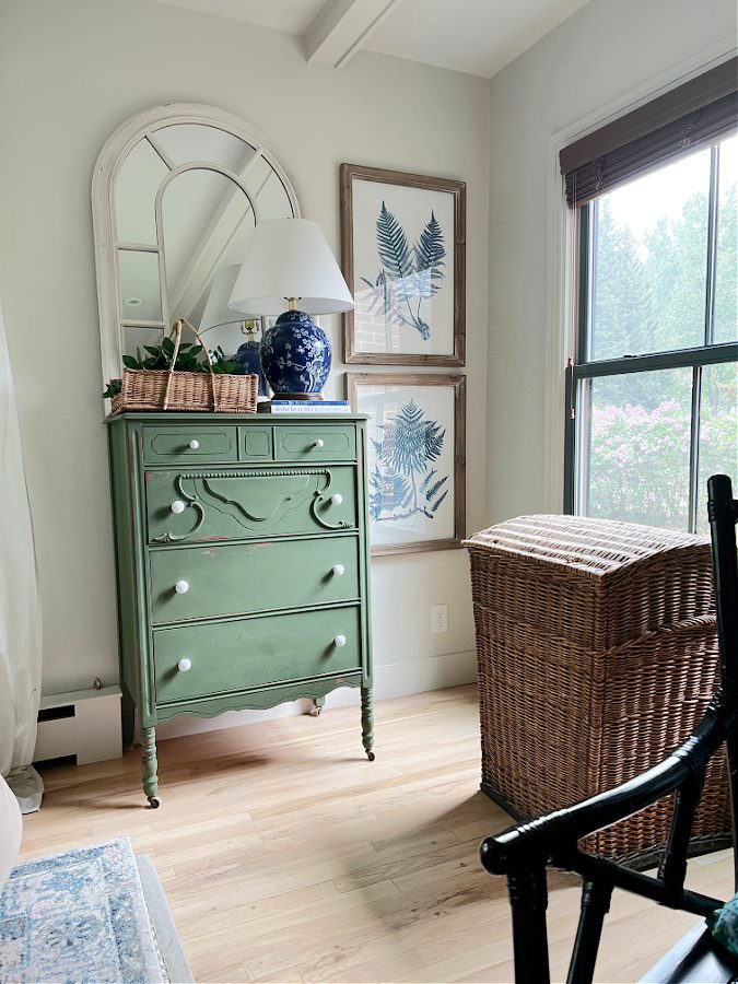 basket and green dresser in my summer home tour