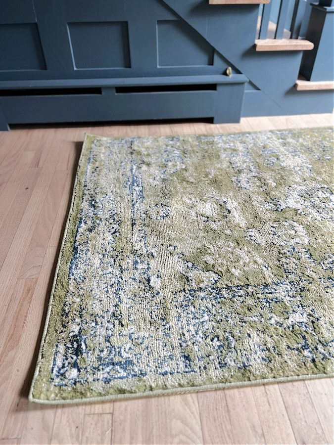 A close up of our new green rug.