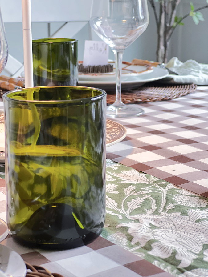 green glassware on simple Thanskgiving table