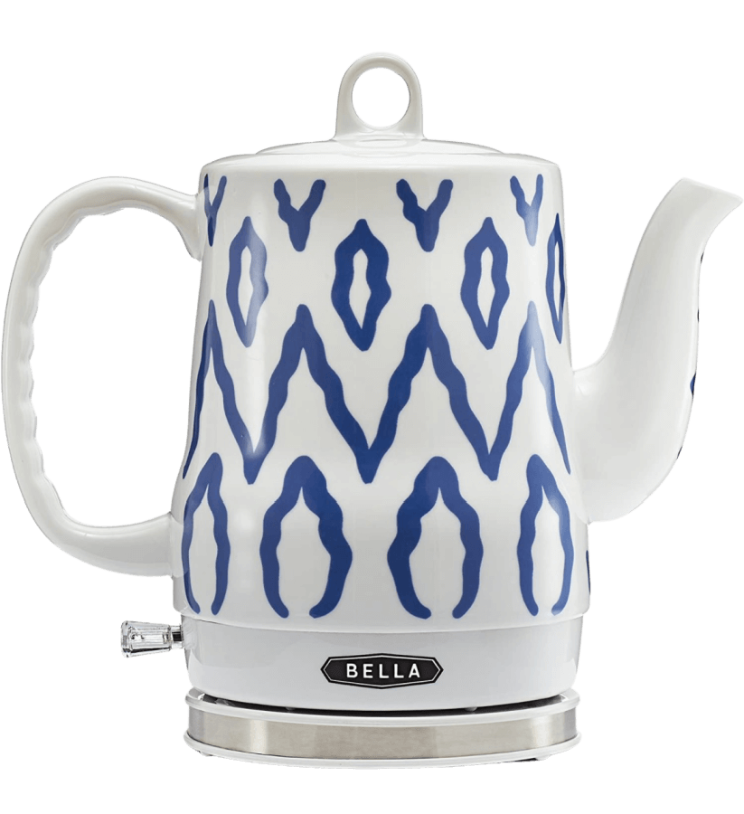 blue and white hot water kettle