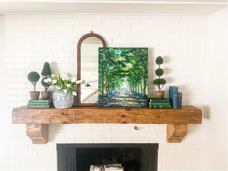 How to decorate with blues and greens on your Spring mantel.