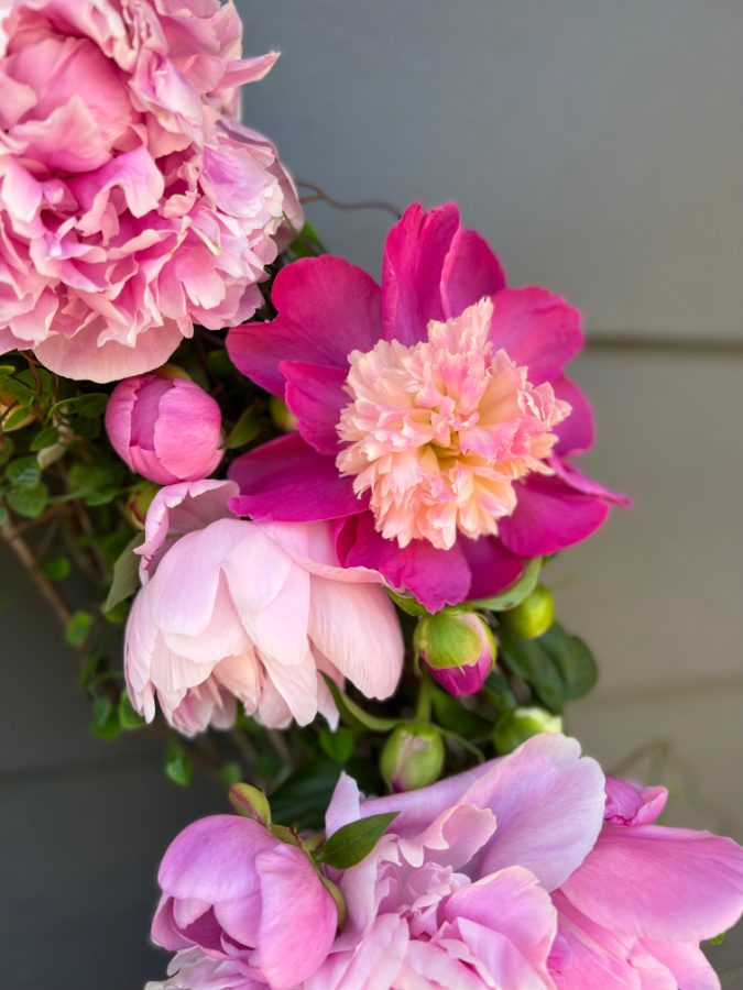 A close up of the pink peonies on the wreath.