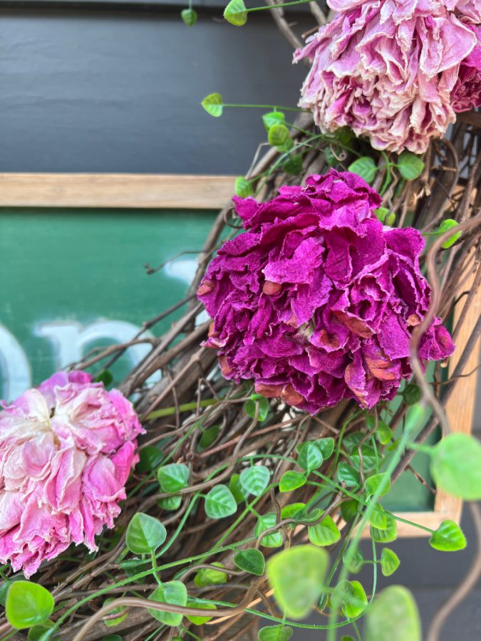 Dried peony flowers on a wreath