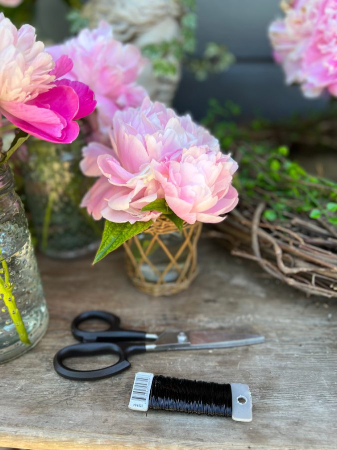 Preparing to amke a dried peony wreath