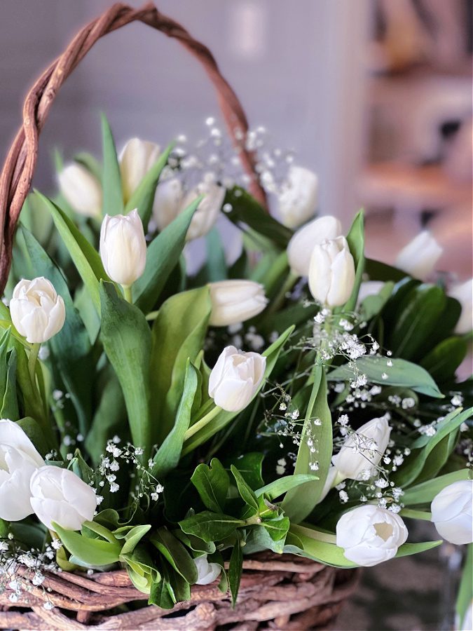 white tulips, greenery and baby's breath