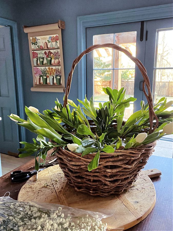 The beginnings of a tulips flower arrangement in a basket.
