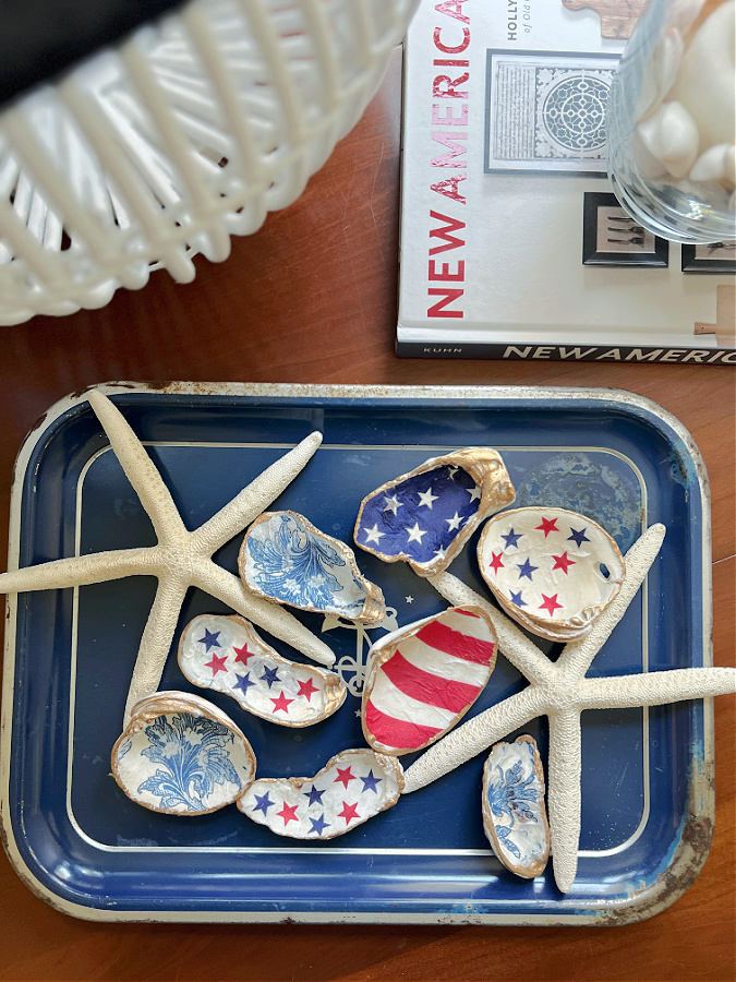 How to mod podge sea shells for decor with a patriotic twist