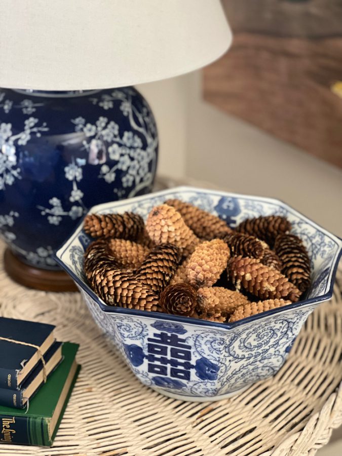 Pine cones in blue bowl for Fall decor