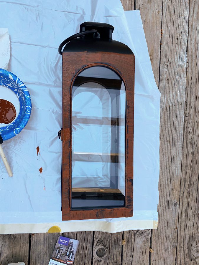 One coat of oxidizing Copper Metal Effects paint on a lantern.