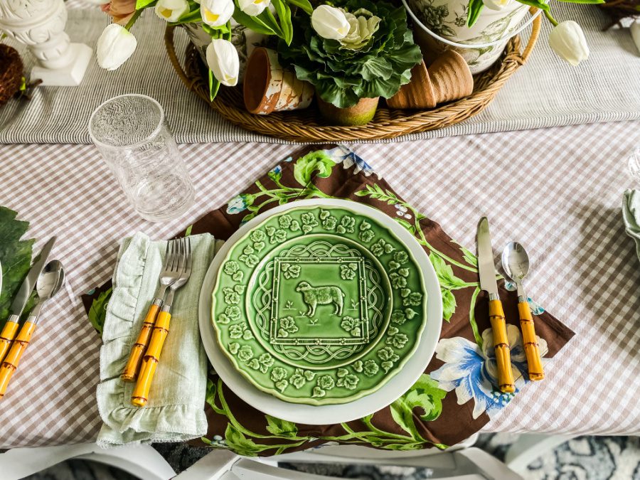 Pretty green vintage plates and faux bamboo flatware.