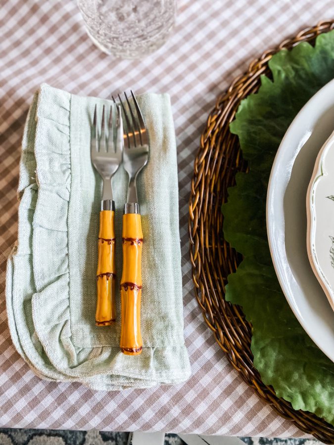 Faux bamboo silverware adds a fun touch to an Easter table.