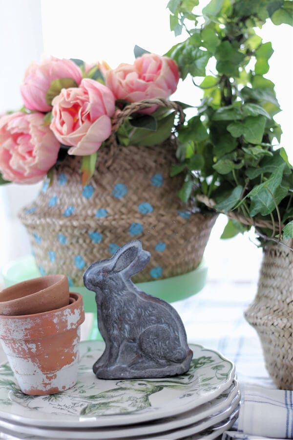 A Spring vignette with sea grass baskets.