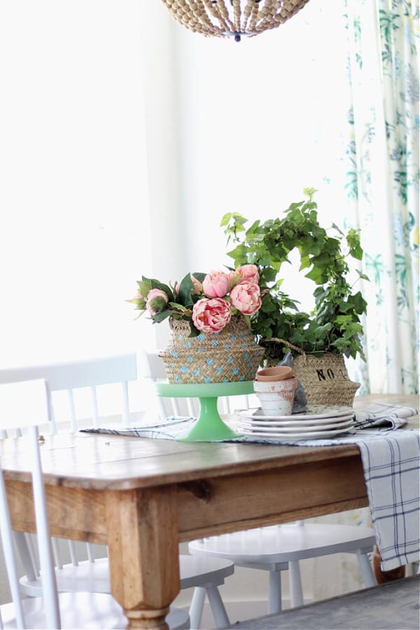 stenciled sea grass baskets make the perfect Spring vignette on our kitchen table.