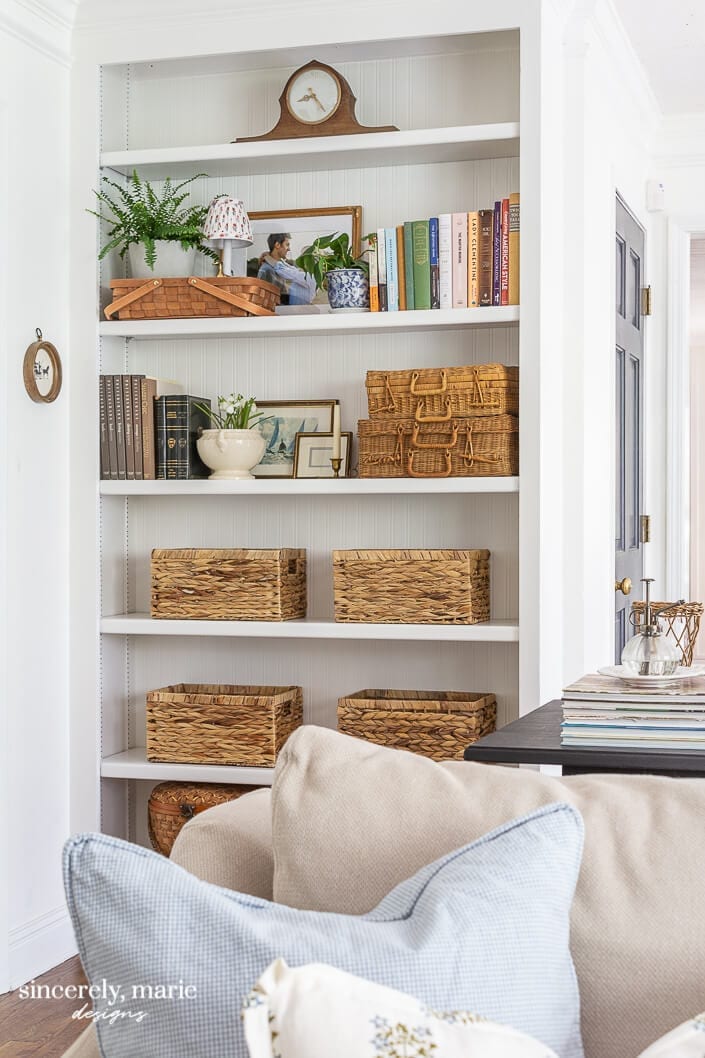 Welcome Home Sunday: Our bookshelf with beadboard wallpaper