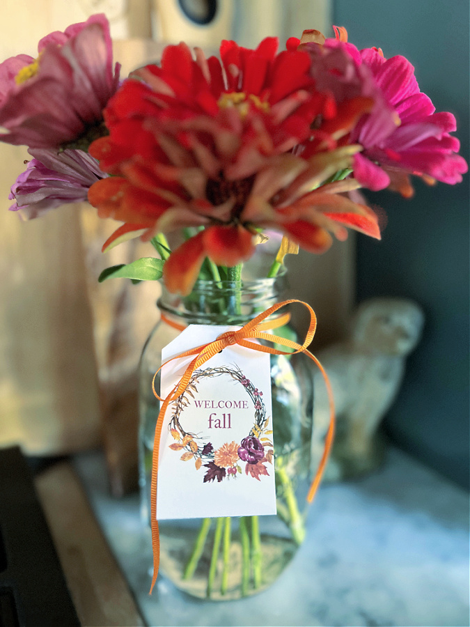 Jar of zinnias with floral gift tag attached