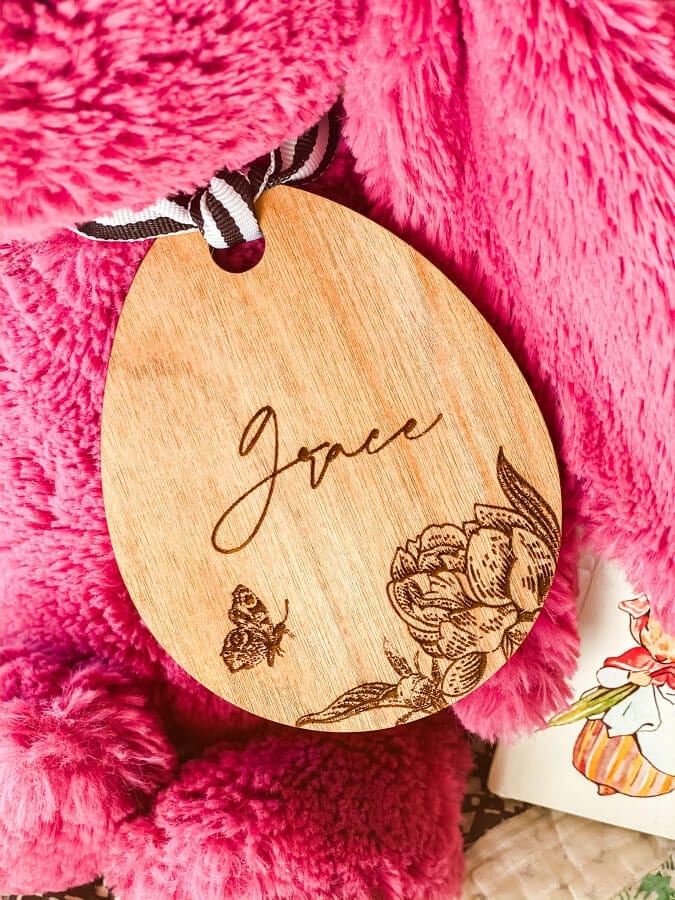 THis lazer cute personalized Easter basket tag is a beautiful addition to any Easter decor.