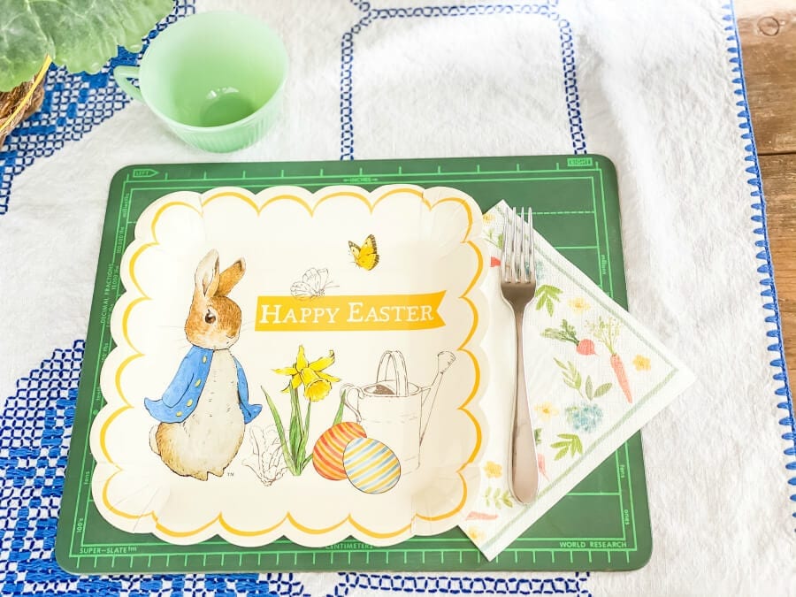 Peter Rabbit place setting for the kids Easter table.