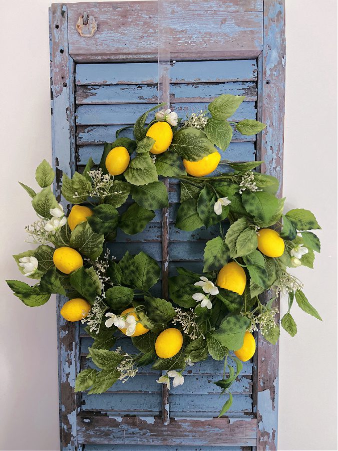 Lemon wreath on blue shutter